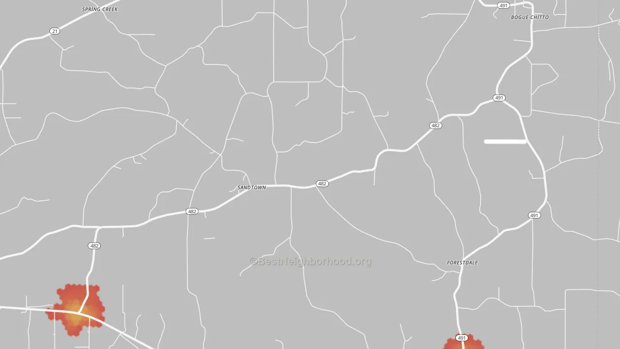 Walk Grade map of Sandtown, MS, walkable areas in green and car-dependent areas in red