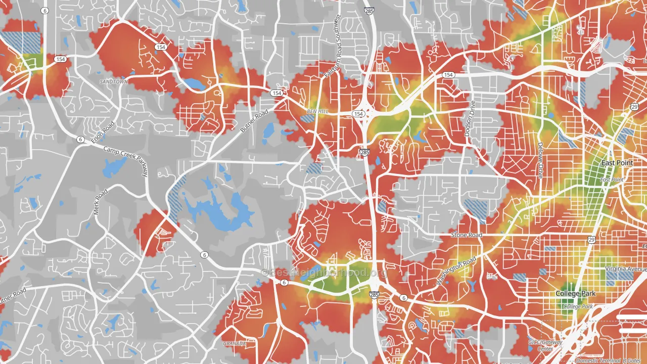 Walk Grade map of Sandtown-Southeastern Atlanta, Atlanta, GA, walkable areas in green and car-dependent areas in red