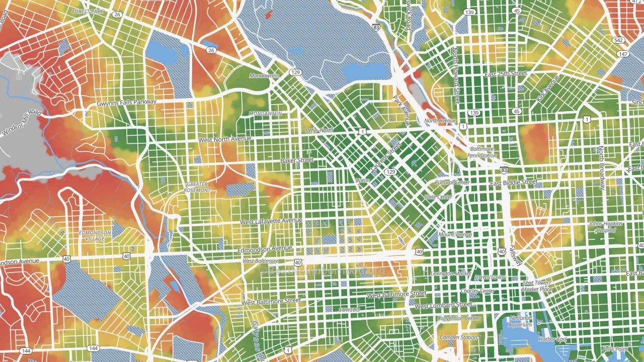 Walk Grade map of Sandtown-Winchester, Baltimore, MD, walkable areas in green and car-dependent areas in red