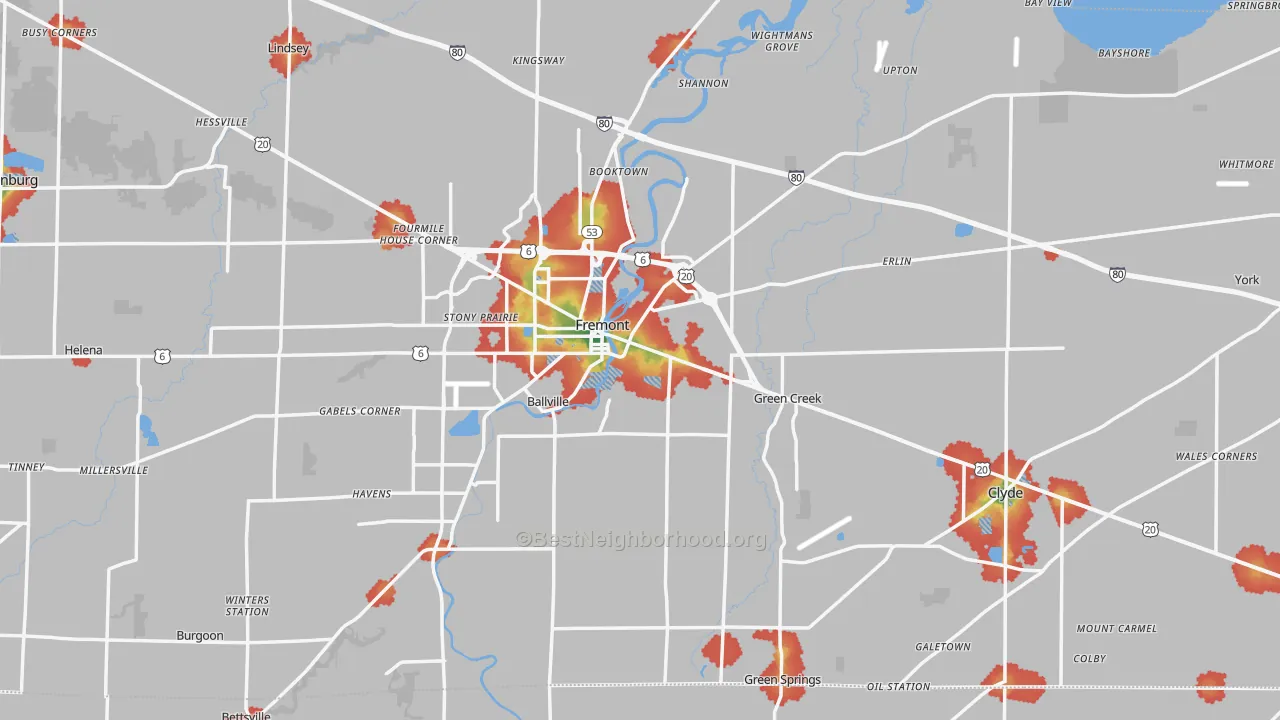 Walk Grade map of Sandusky County, OH, walkable areas in green and car-dependent areas in red