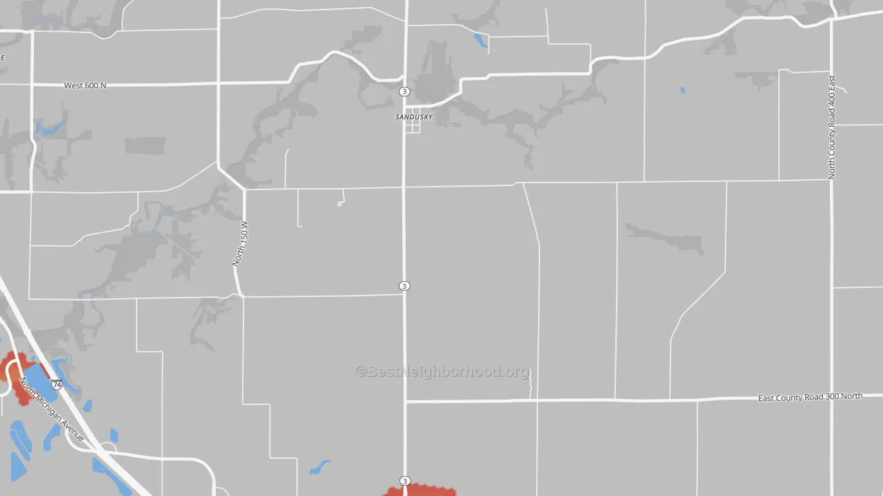 Walk Grade map of Sandusky, IN, walkable areas in green and car-dependent areas in red