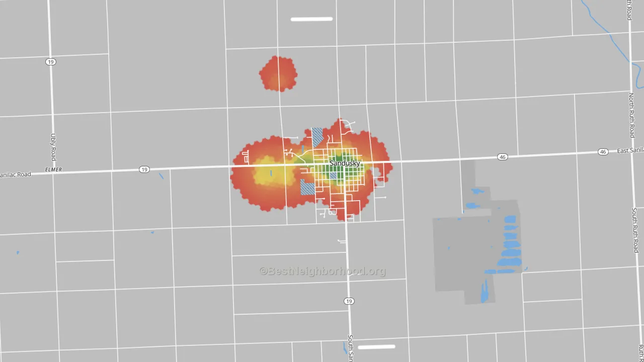 Walk Grade map of Sandusky, MI, walkable areas in green and car-dependent areas in red