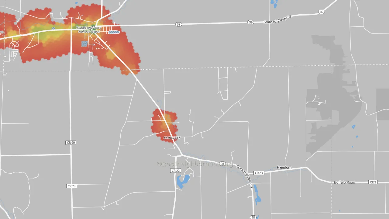 Walk Grade map of Sandusky, NY, walkable areas in green and car-dependent areas in red