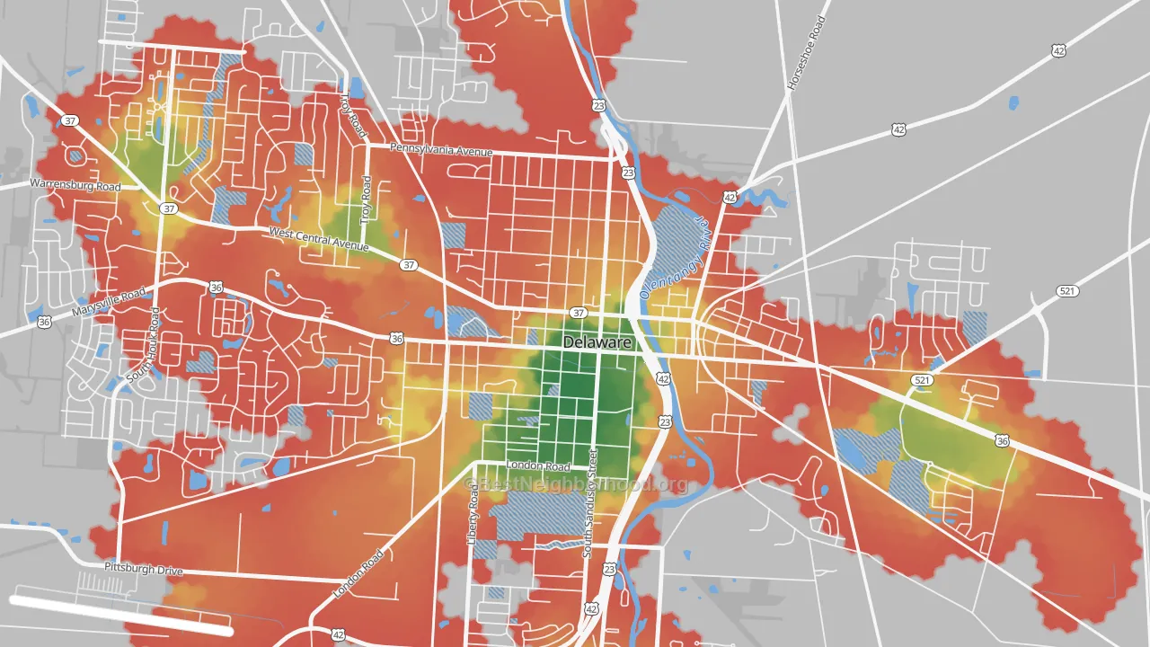 Walk Grade map of Sandusky Street Historic District, Delaware, OH, walkable areas in green and car-dependent areas in red