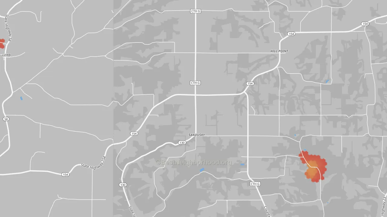 Walk Grade map of Sandusky, WI, walkable areas in green and car-dependent areas in red