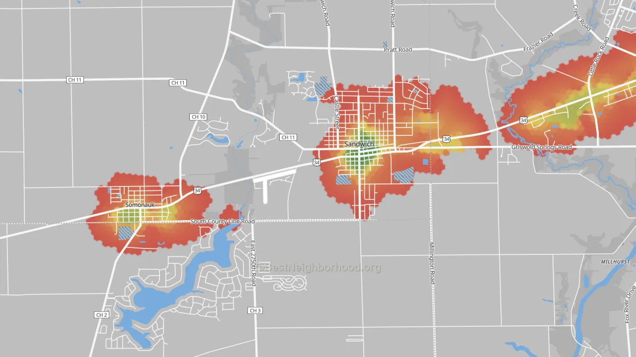 Walk Grade map of Sandwich, IL, walkable areas in green and car-dependent areas in red