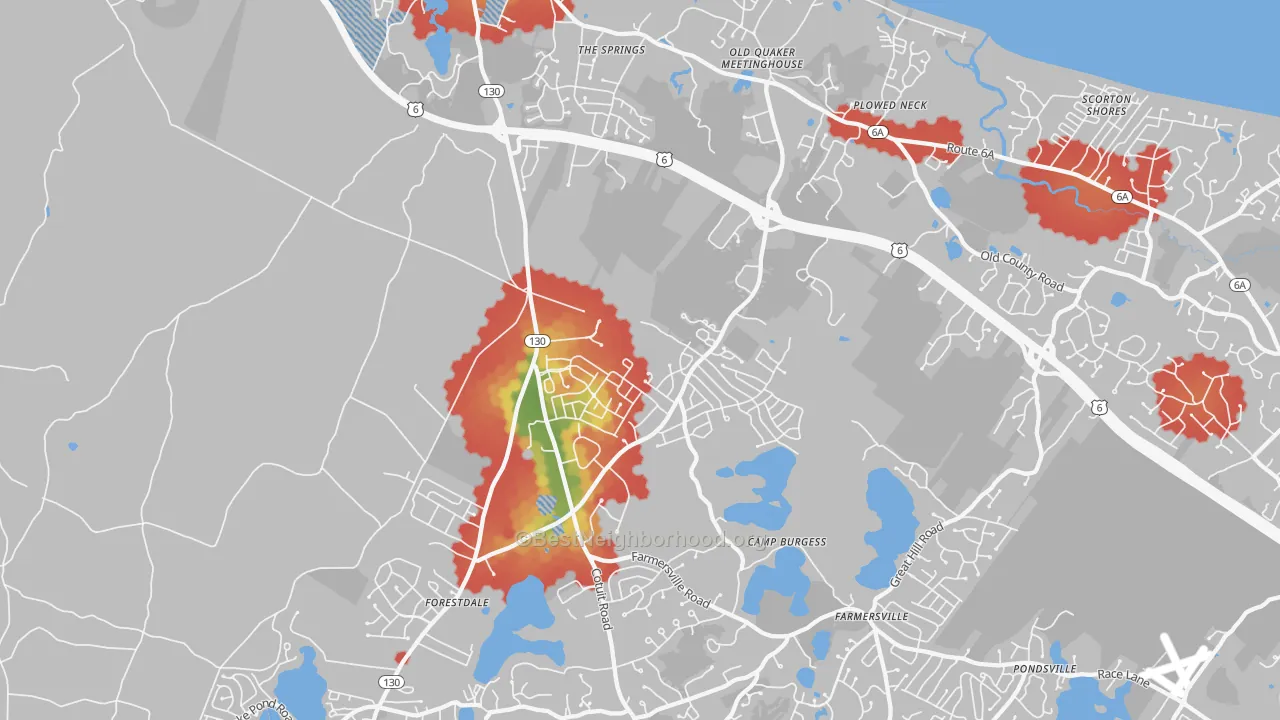 Walk Grade map of Sandwich, MA, walkable areas in green and car-dependent areas in red