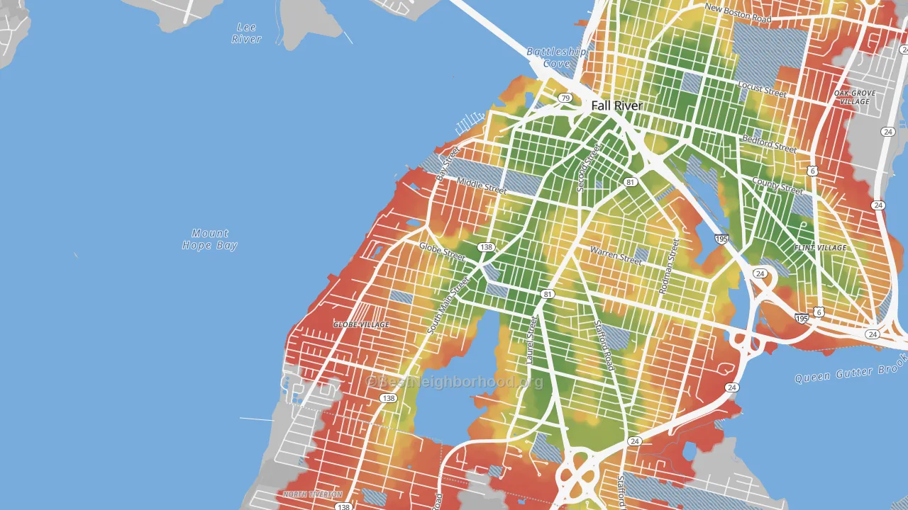 Walk Grade map of Sandy Beach, Fall River, MA, walkable areas in green and car-dependent areas in red