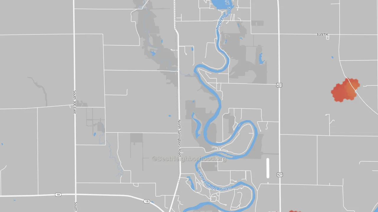 Walk Grade map of Sandy Beach, IN, walkable areas in green and car-dependent areas in red