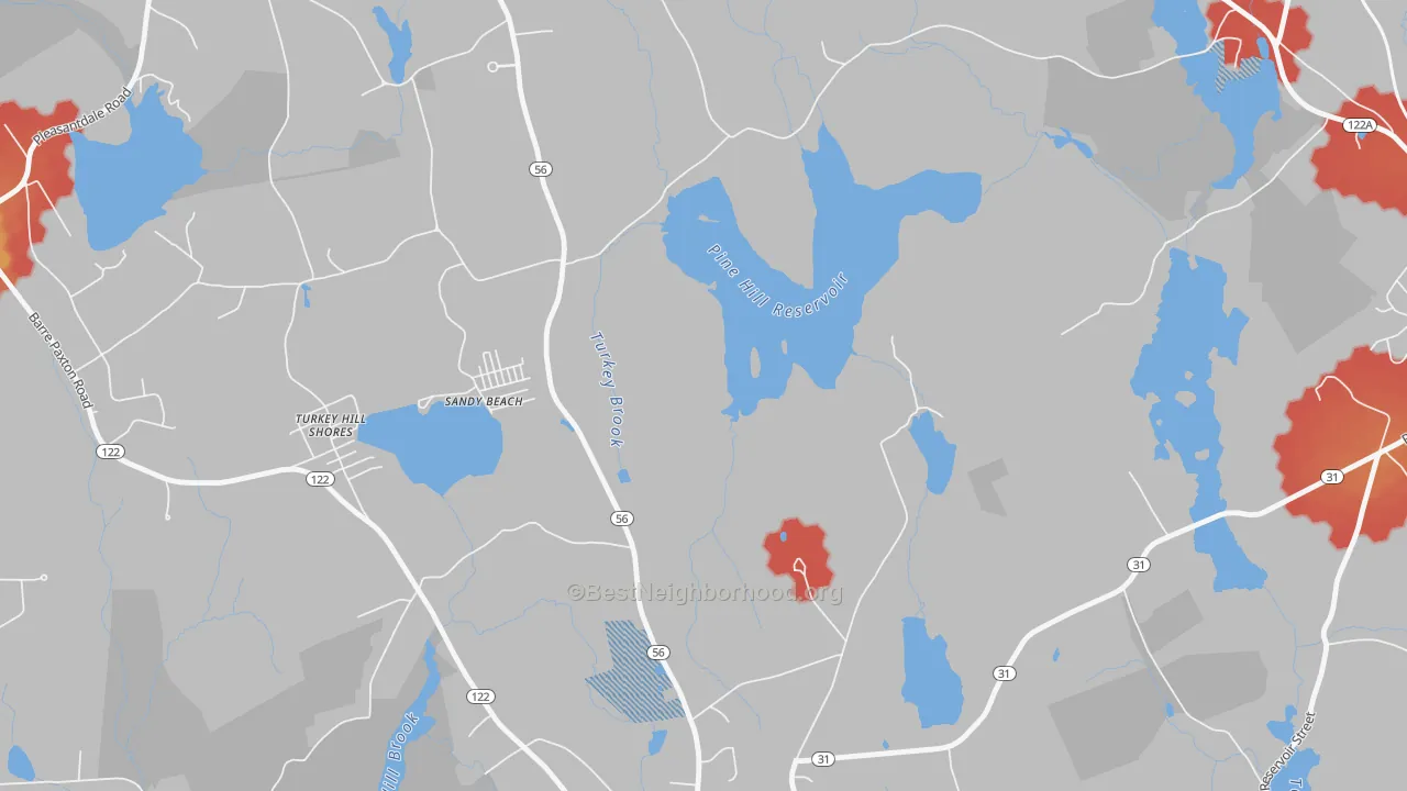 Walk Grade map of Sandy Beach, MA, walkable areas in green and car-dependent areas in red
