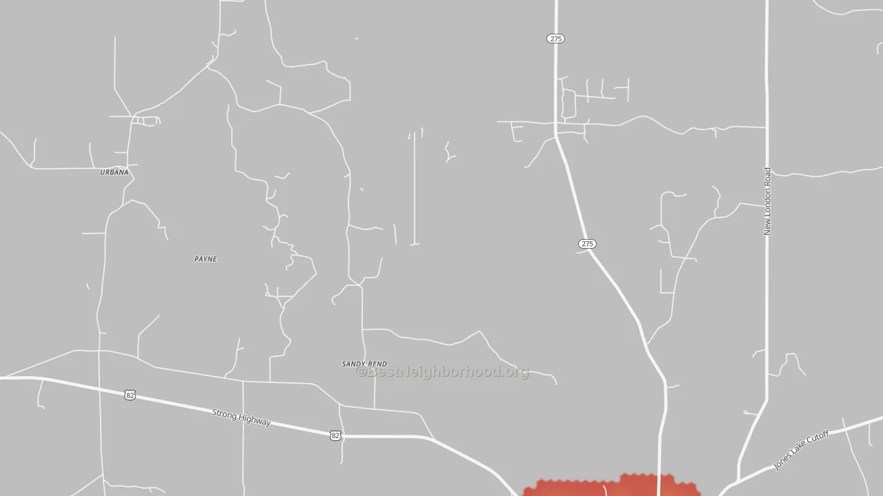 Walk Grade map of Sandy Bend, AR, walkable areas in green and car-dependent areas in red