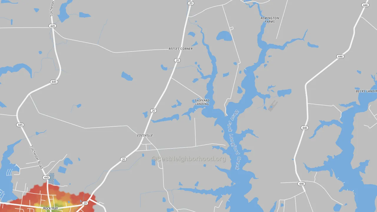 Walk Grade map of Sandy Bottom, MD, walkable areas in green and car-dependent areas in red