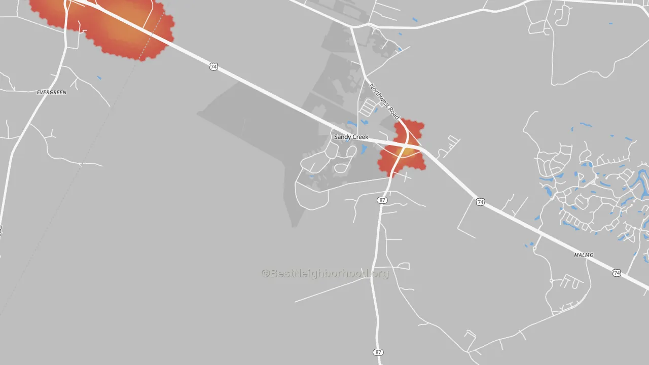 Walk Grade map of Sandy Creek, NC, walkable areas in green and car-dependent areas in red