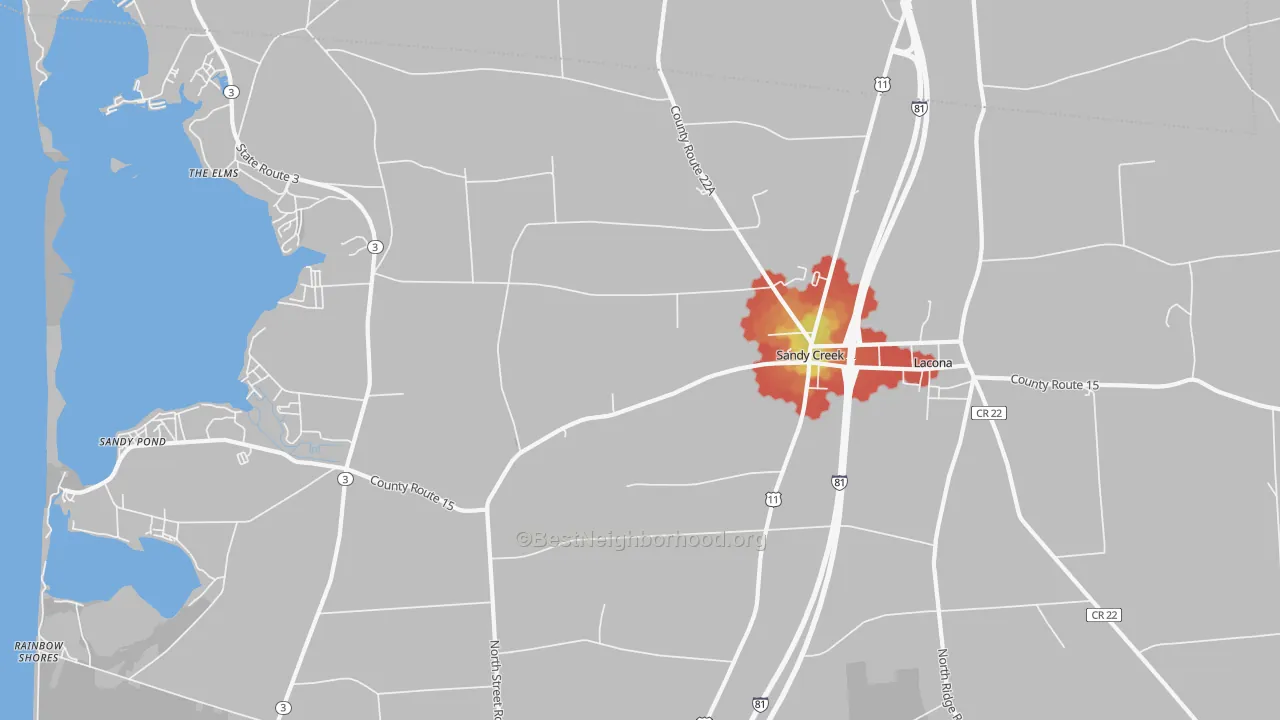 Walk Grade map of Sandy Creek, NY, walkable areas in green and car-dependent areas in red