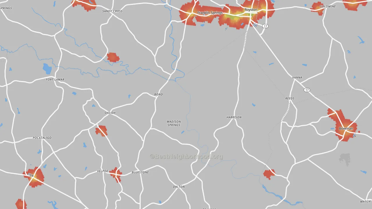Walk Grade map of Sandy Cross, GA, walkable areas in green and car-dependent areas in red