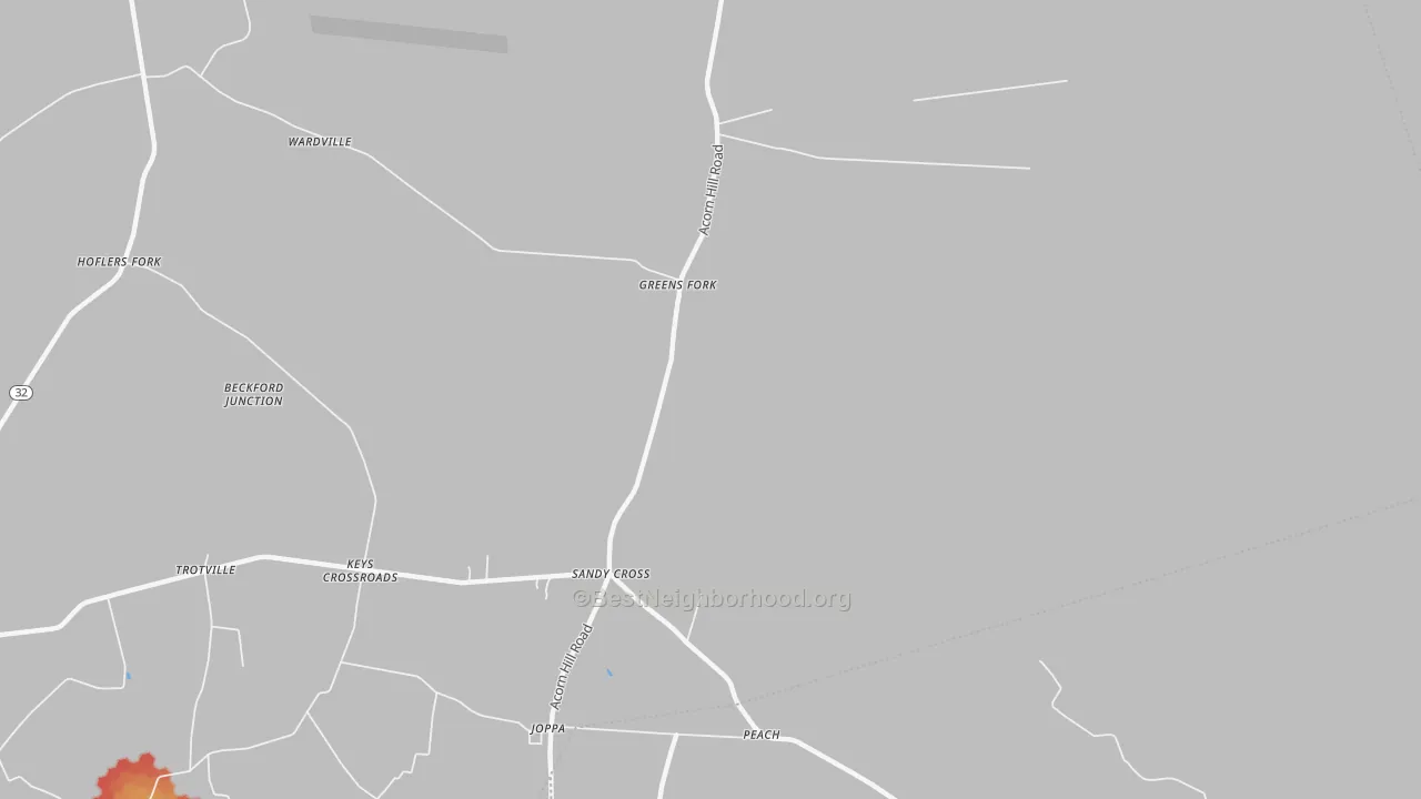 Walk Grade map of Sandy Cross, NC, walkable areas in green and car-dependent areas in red