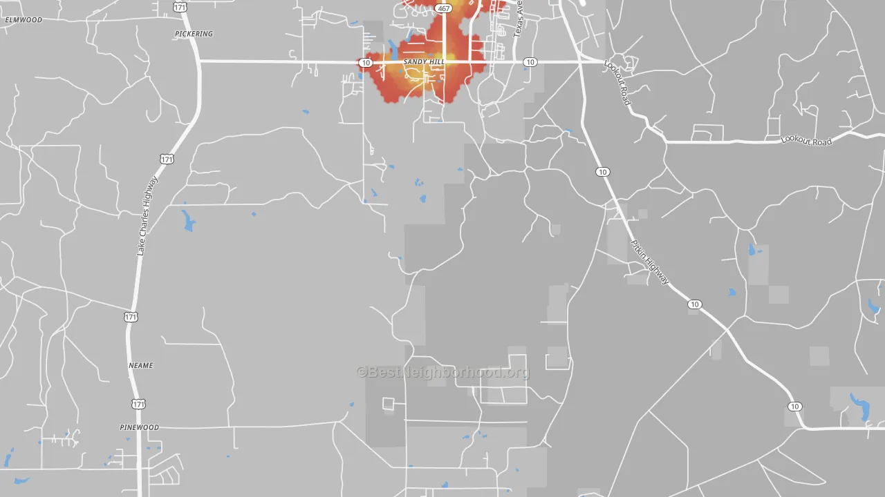 Walk Grade map of Sandy Hill, LA, walkable areas in green and car-dependent areas in red
