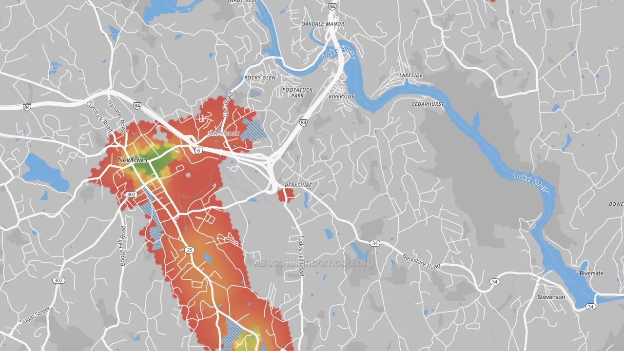 Walk Grade map of Sandy Hook, CT, walkable areas in green and car-dependent areas in red