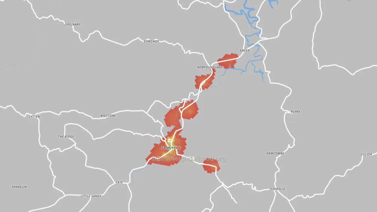 Walk Grade map of Sandy Hook, KY, walkable areas in green and car-dependent areas in red