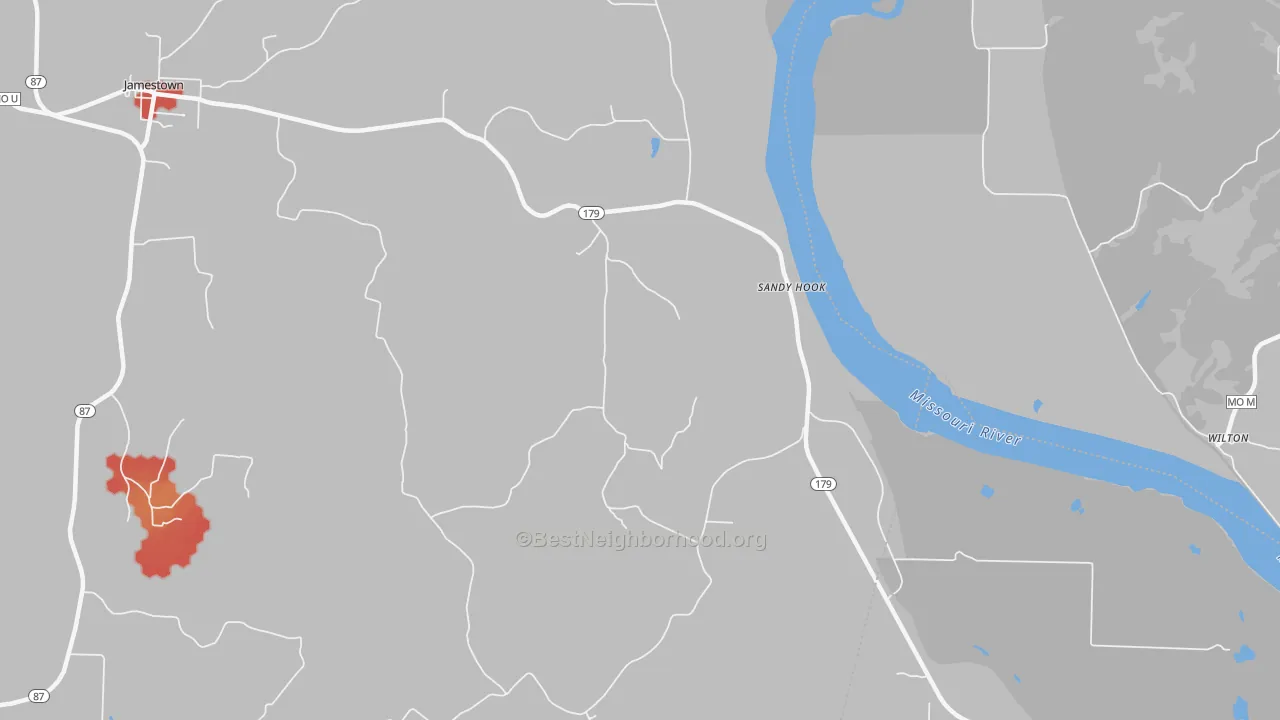 Walk Grade map of Sandy Hook, MO, walkable areas in green and car-dependent areas in red