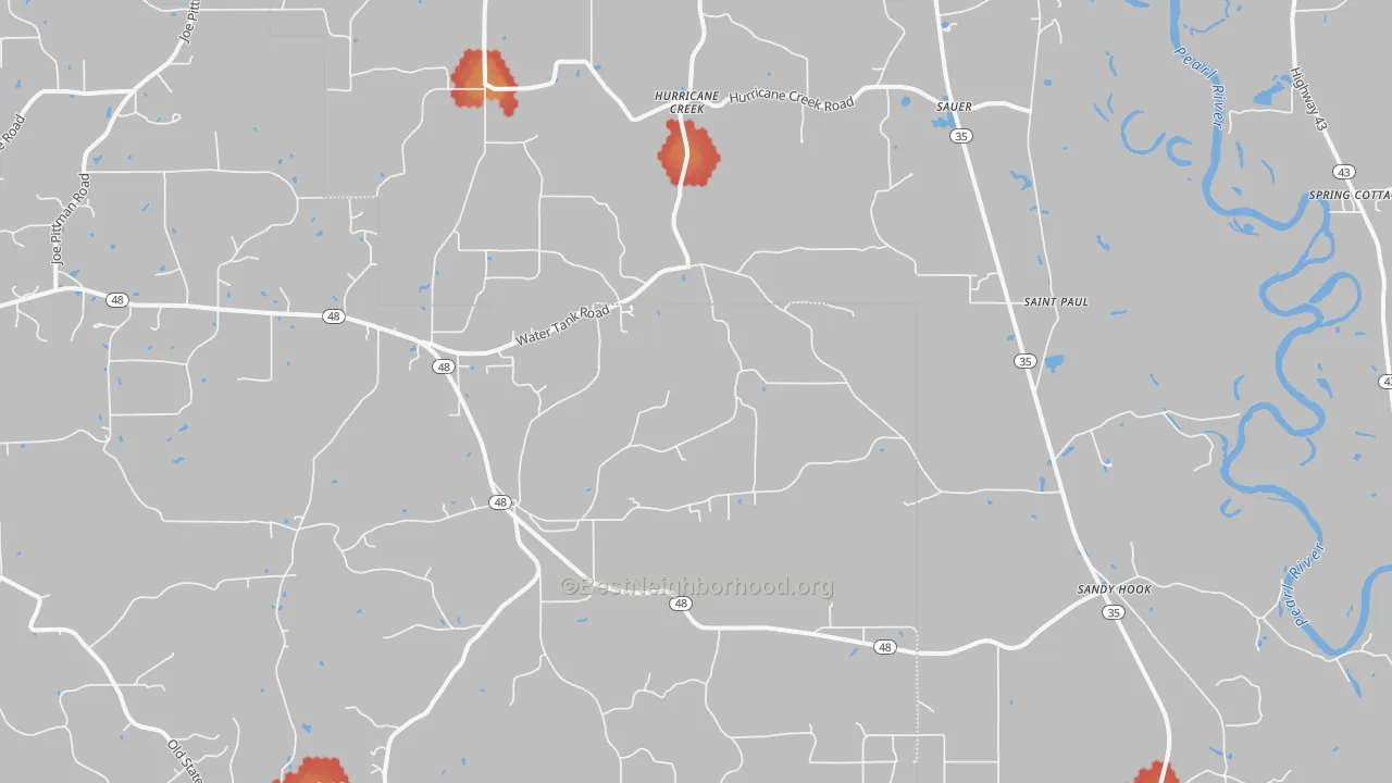 Walk Grade map of Sandy Hook, MS, walkable areas in green and car-dependent areas in red