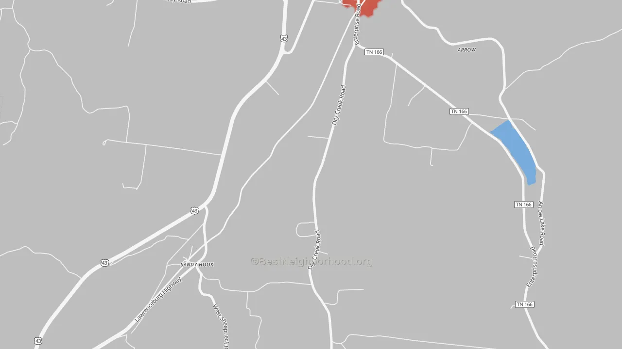 Walk Grade map of Sandy Hook, TN, walkable areas in green and car-dependent areas in red