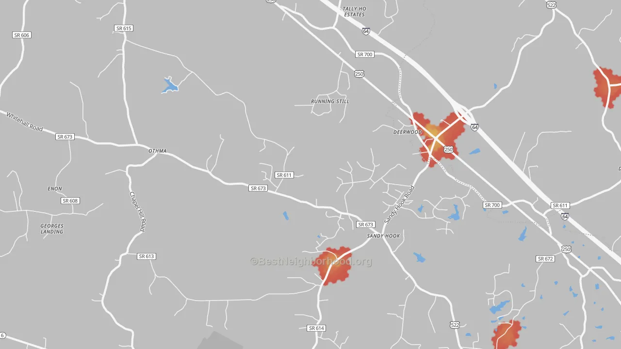 Walk Grade map of Sandy Hook, VA, walkable areas in green and car-dependent areas in red