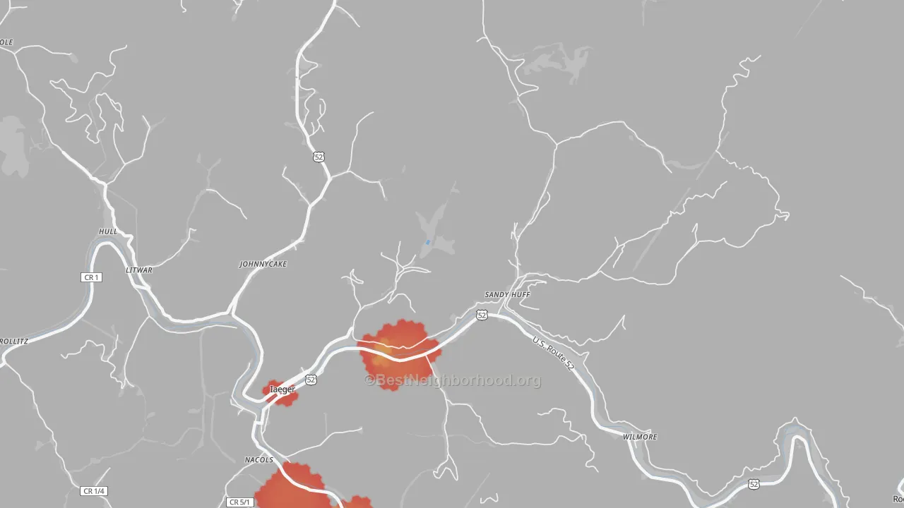 Walk Grade map of Sandy Huff, WV, walkable areas in green and car-dependent areas in red