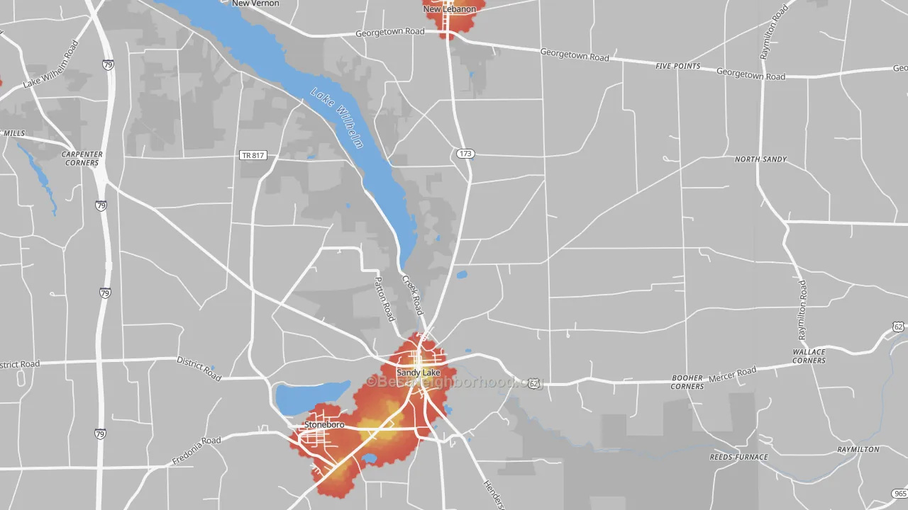 Walk Grade map of Sandy Lake, PA, walkable areas in green and car-dependent areas in red