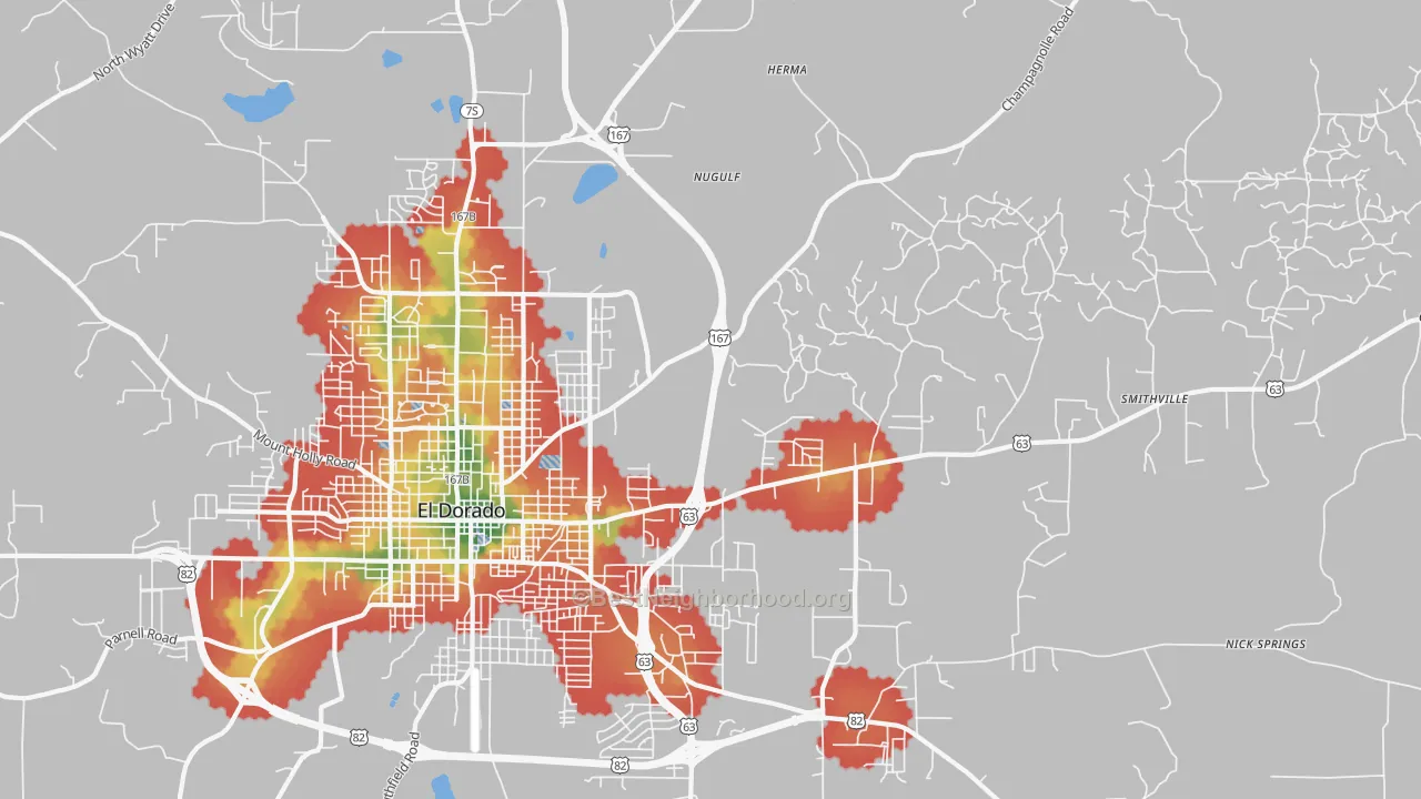 Walk Grade map of Sandy Land, AR, walkable areas in green and car-dependent areas in red