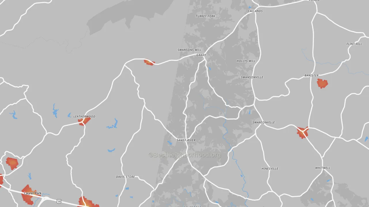 Walk Grade map of Sandy Level, VA, walkable areas in green and car-dependent areas in red