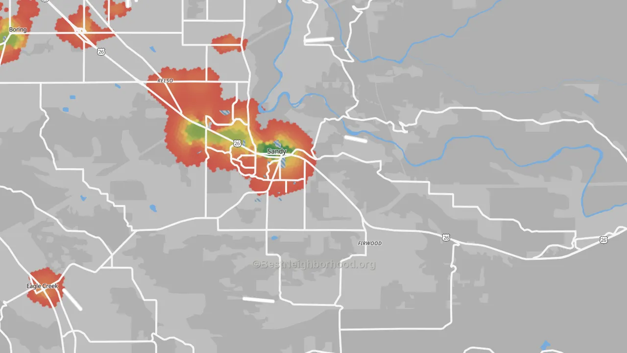 Walk Grade map of Sandy, OR, walkable areas in green and car-dependent areas in red