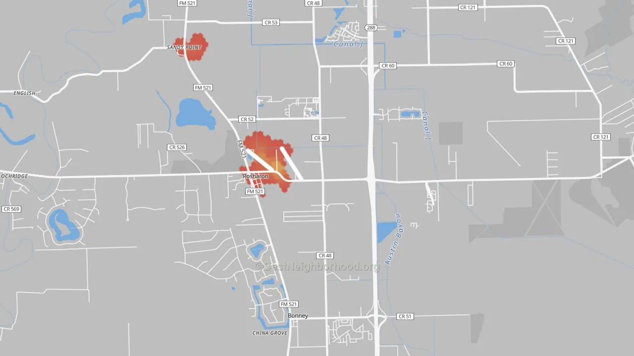 Walk Grade map of Sandy Point, TX, walkable areas in green and car-dependent areas in red