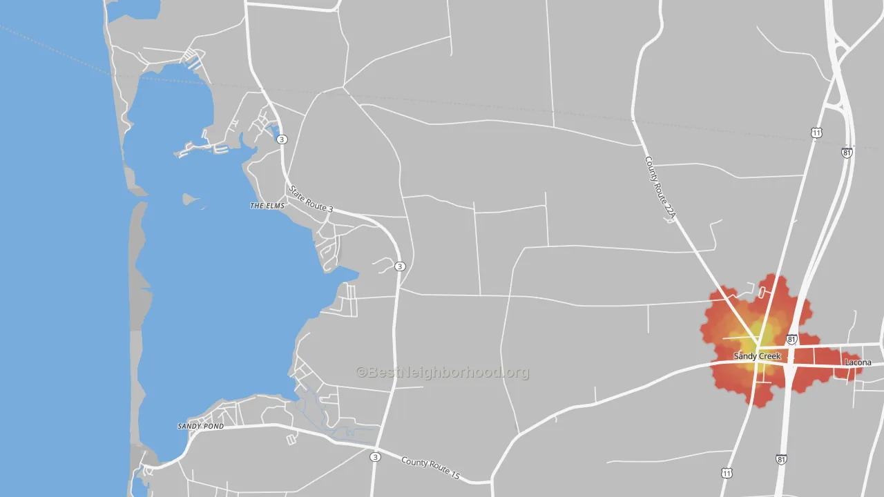 Walk Grade map of Sandy Pond, NY, walkable areas in green and car-dependent areas in red