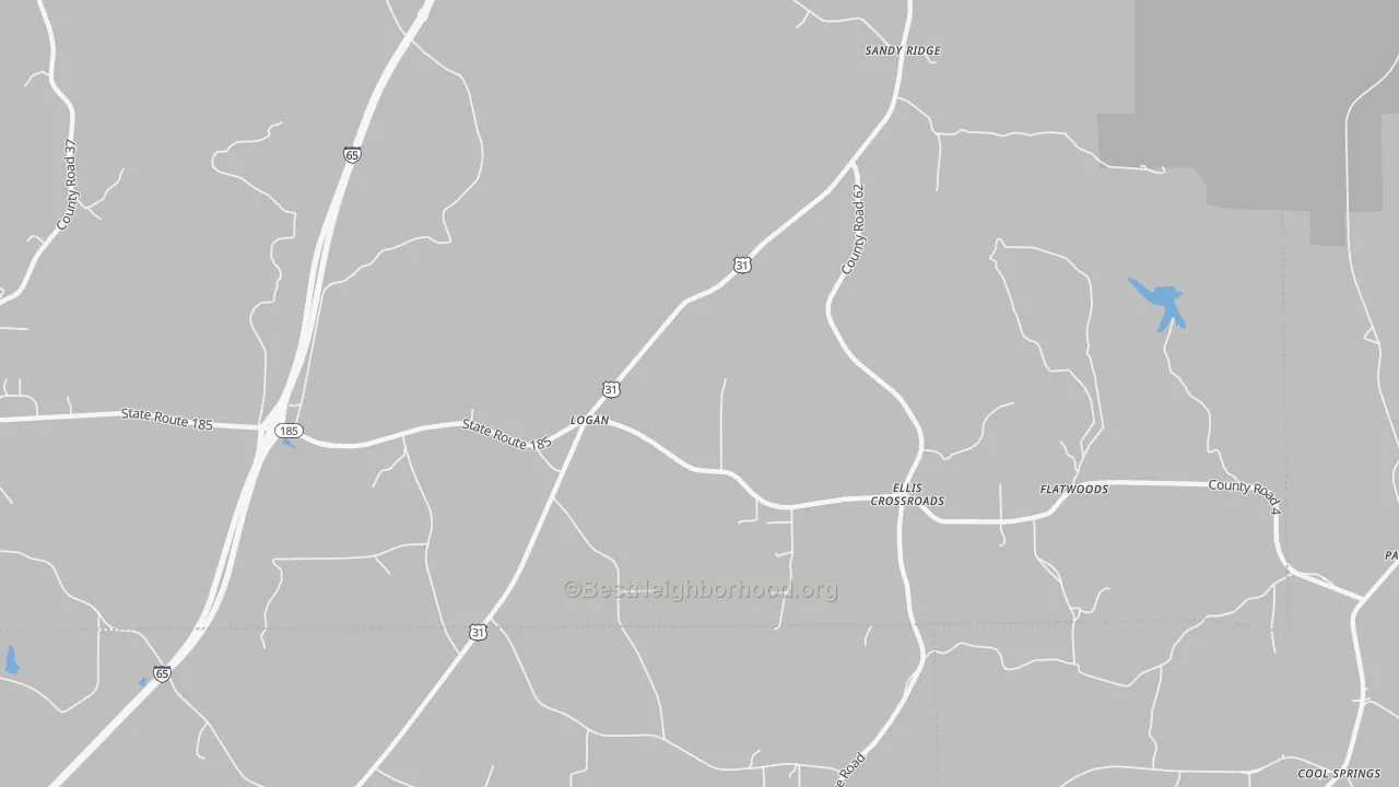 Walk Grade map of Sandy Ridge, AL, walkable areas in green and car-dependent areas in red