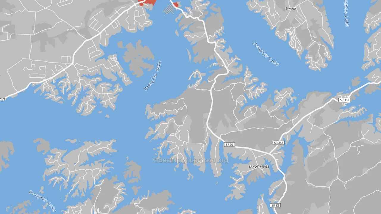 Walk Grade map of Sandy Ridge, TN, walkable areas in green and car-dependent areas in red