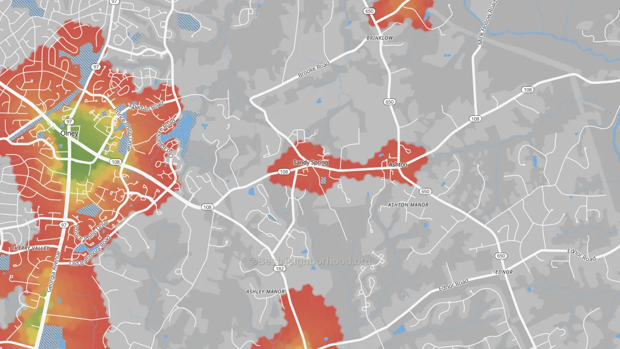 Walk Grade map of Sandy Spring, MD, walkable areas in green and car-dependent areas in red