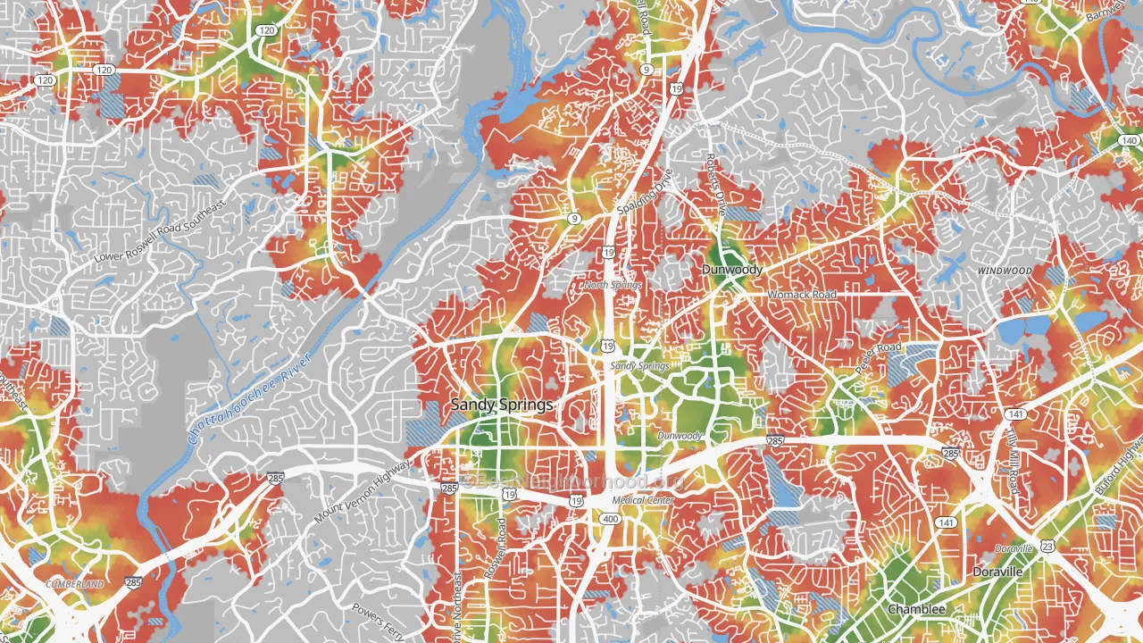 Walk Grade map of Sandy Springs, GA, walkable areas in green and car-dependent areas in red