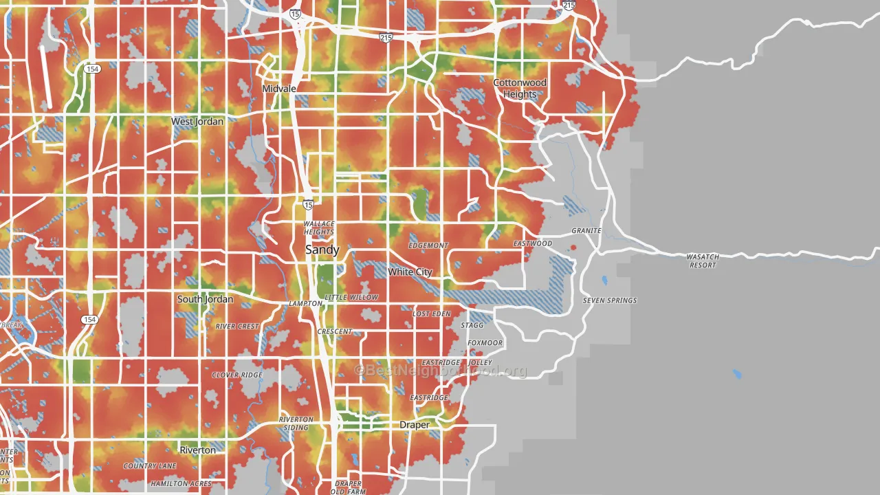 Walk Grade map of Sandy, UT, walkable areas in green and car-dependent areas in red