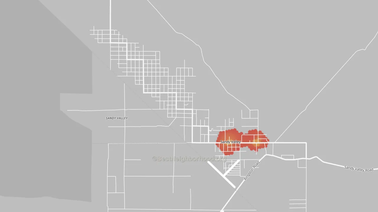 Walk Grade map of Sandy Valley, NV, walkable areas in green and car-dependent areas in red