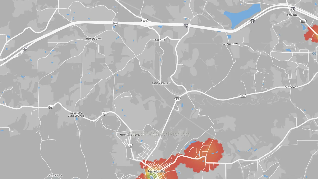 Walk Grade map of Sandy Valley, PA, walkable areas in green and car-dependent areas in red