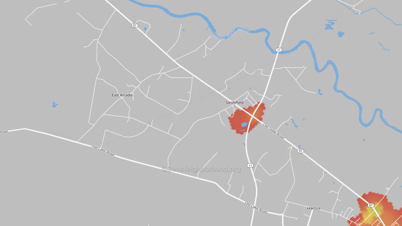 Walk Grade map of Sandyfield, NC, walkable areas in green and car-dependent areas in red