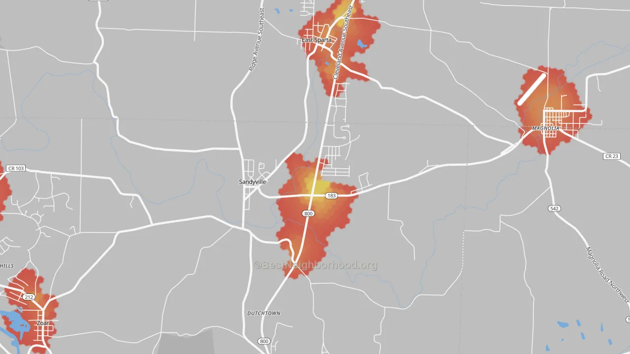 Walk Grade map of Sandyville, OH, walkable areas in green and car-dependent areas in red