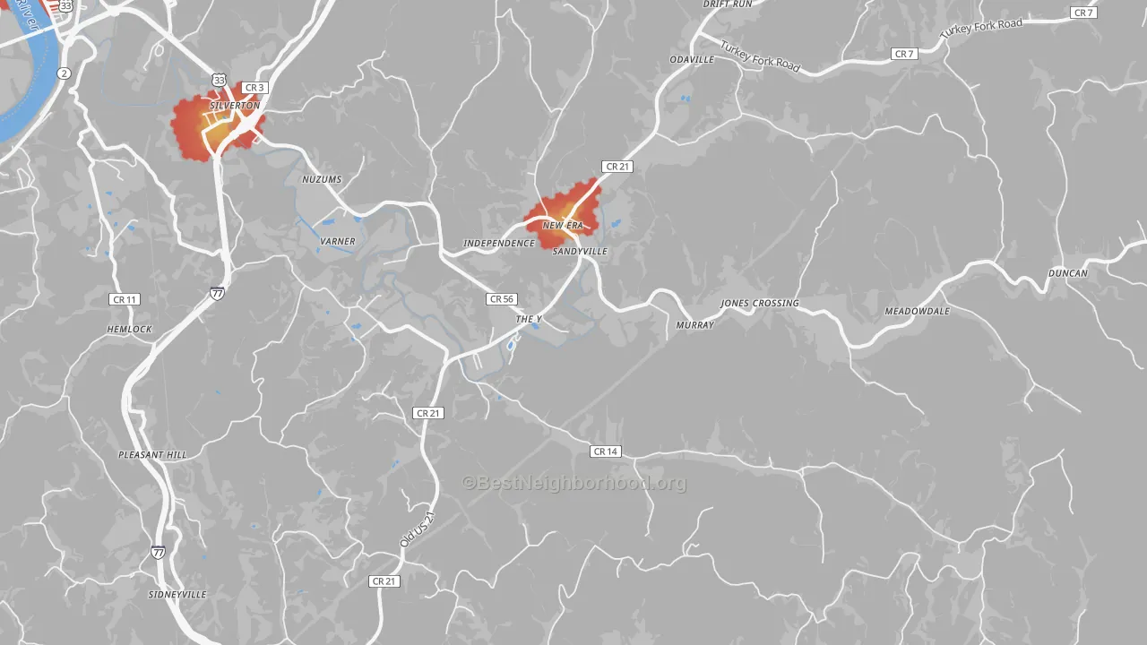 Walk Grade map of Sandyville, WV, walkable areas in green and car-dependent areas in red