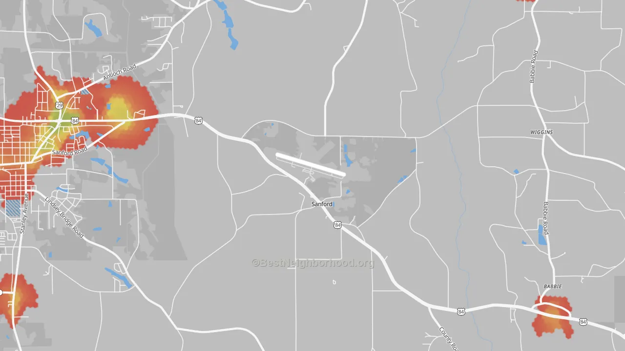 Walk Grade map of Sanford, AL, walkable areas in green and car-dependent areas in red