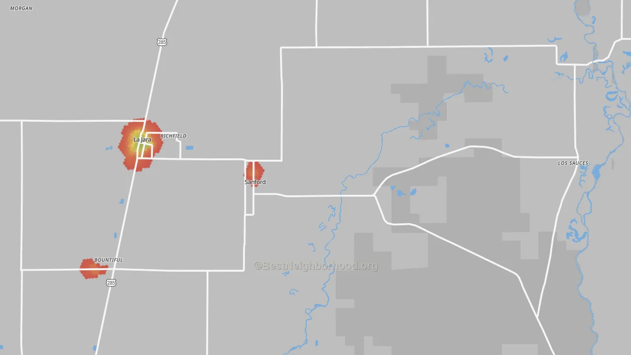 Walk Grade map of Sanford, CO, walkable areas in green and car-dependent areas in red