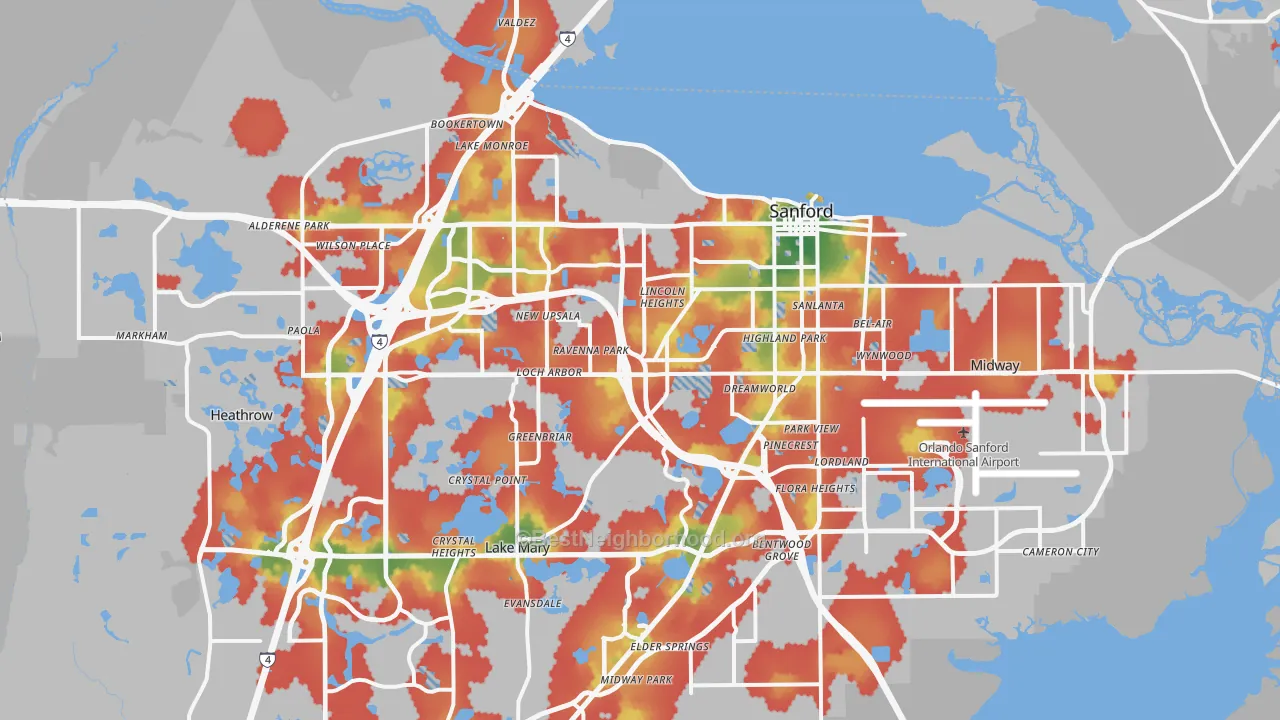 Walk Grade map of Sanford, FL, walkable areas in green and car-dependent areas in red