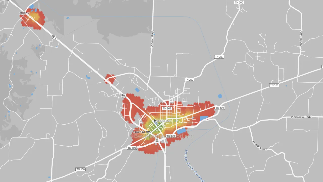 Walk Grade map of Sanford Hill, TN, walkable areas in green and car-dependent areas in red