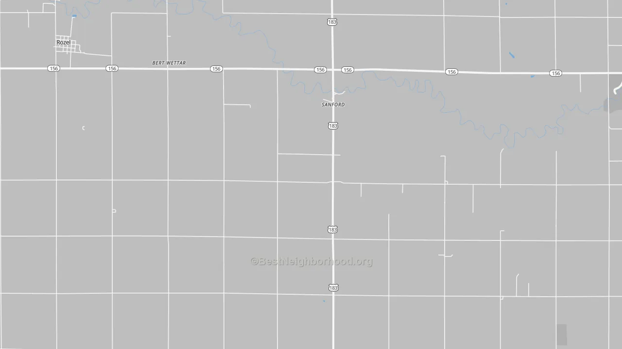 Walk Grade map of Sanford, KS, walkable areas in green and car-dependent areas in red