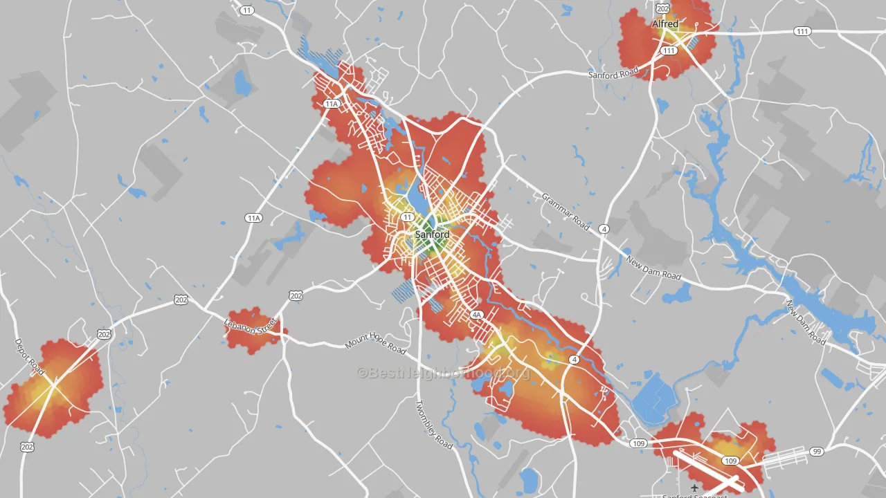 Walk Grade map of Sanford, ME, walkable areas in green and car-dependent areas in red